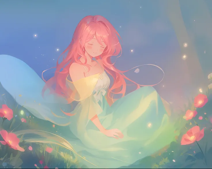 beautiful girl in white dress, fairy dress, beautiful girl sitting in a field with pink red flowers, glowing lights, whimsical landscape, long pink flowing hair, watercolor illustration, inspired by Glen Keane, inspired by Lois van Baarle, disney art style...