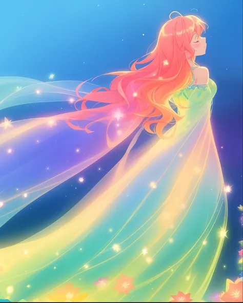 beautiful fairy girl in flowing colorful dress, ((large sparkling fairy wings coming from her back)), fairy dress, fairy queen, magical colorful otherworldly landscape, (glowing fairy wings), glowing flowing ballgown, long hair, sparkling fairy wings, wate...