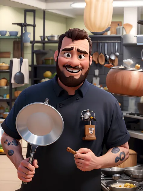 Criar em estilo pixar e Disney um chef de cozinha branco, com barba baixa e preta, tatuado e gordo, em uma cozinha profissional pegando fogo.