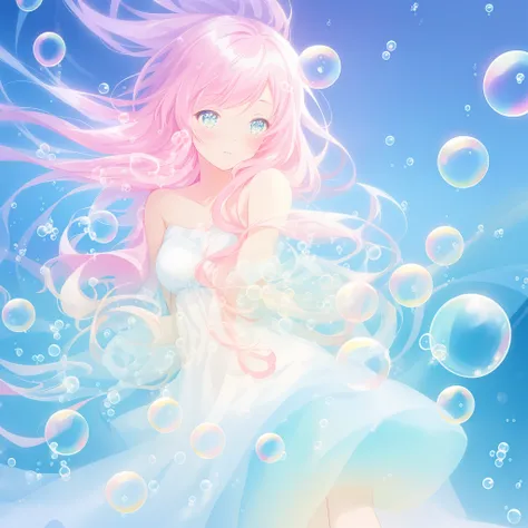 beautiful anime girl in flowing white ballgown, ((((bubbles)))), vibrant pastel colors, flowing long pink peach hair, beautiful white layered ballgown, (colorful), magical lights, sparkling lines of light, inspired by Glen Keane, inspired by Lois van Baarl...