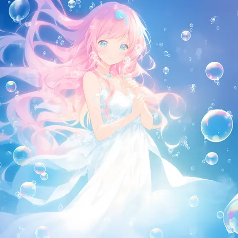 beautiful anime girl in flowing white ballgown, ((((bubbles)))), vibrant pastel colors, flowing long pink peach hair, beautiful white layered ballgown, (colorful), magical lights, sparkling lines of light, inspired by Glen Keane, inspired by Lois van Baarl...