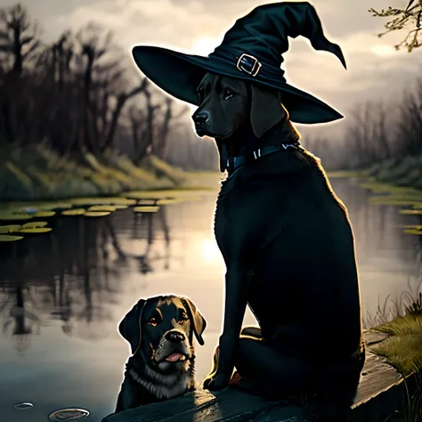 Labrador noir, Sitting next to a witch with her pointy hat at the edge of a pond