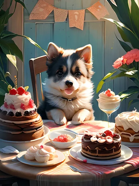 cute puppy on a chair, eat cake on the table,