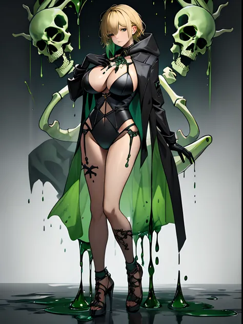 1girl, blonde, sexy, big boobs, black hood, green liquid in body, green liquid, crow, prostitute, skeleton, full body, hand in chest