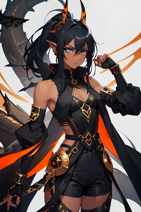 1girl , (((Dark Skin)))), Black Hair with Ponytail, (((Blue Eyes))), ((Black Metallic Gauntlets and Greaves with Orange and Silver Highlights)), (((The Clothes Have a Mix of Modern and Tribal))), (((The Clothes Have a Mix of Modern and Tribal))),  having m...