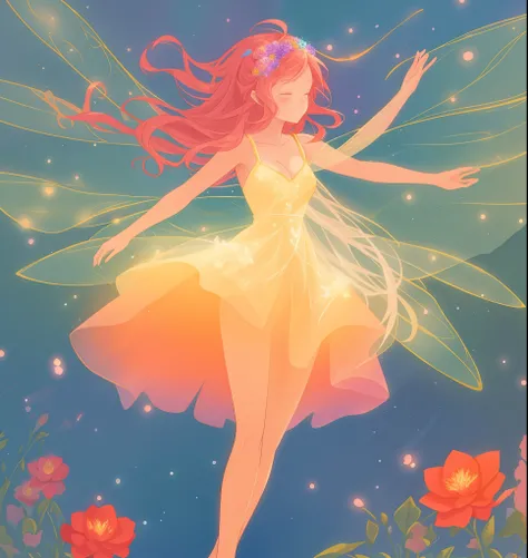 beautiful girl in flowing tiered layered ballgown dress, fairy dress, fairy queen, magical forest background, (glowing fairy wings), glowing flowing ballgown, long wavy hair, sparkling fairy wings, watercolor illustration, flowers and colorful plants, insp...