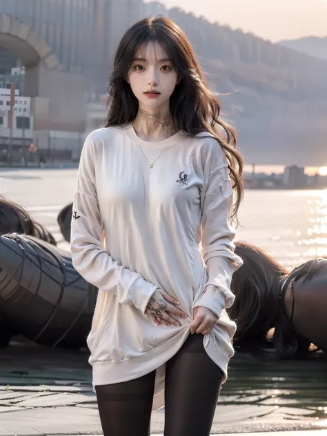 (stand posture，full bodyesbian:1.5)，(1girll:1.3),(anatomy correct:1.4),(White sweatshirt:1.2),(Black silk pantyhose:1.3),(with tattoos:1.2),(wavy and long hair，Accurate and perfect face:1.3),(Slender and slender figure，Skinny，Skinny:1.2),(Smaller bust:1.3)...