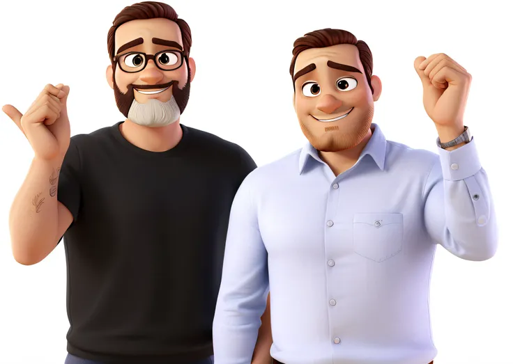 Dois homens estilo disney pixar, homem do lado esquerdo com barba, homem do lado direito sem barba, five fingers on hands, alta qualidade, melhor qualidade