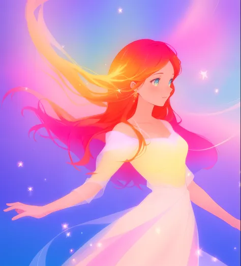 beautiful girl in colorful ballgown, long flowing red hair with golden highlights, vibrant pastel colors, (colorful), colorful watercolor background, ethereal, magical lights, sparkling liquid light, inspired by Glen Keane, inspired by Lois van Baarle, dis...