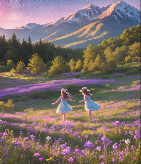 A Photograph capturing the whimsical world of Sparkle and her friends as they frolic in a meadow, sparkling in the soft glow of twilight. --auto --s2