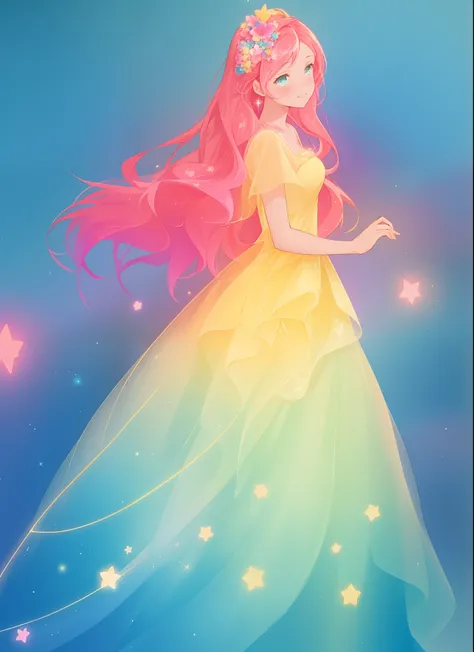 ((beautiful girl in flowing gradient layered ballgown)), flowing pink hair, ((sparkling gold aqua blue gradient dress)), ((multi-layered tiered ballgown dress)), whimsical fantasia and flowers background, vibrant pastel colors, (colorful), magical lights, ...