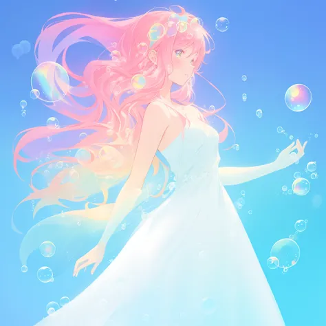 beautiful anime girl in flowing white ballgown, ((((bubbles)))), vibrant pastel colors, flowing long pink peach hair, beautiful white layered ballgown, (colorful), magical lights, sparkling lines of light, inspired by Glen Keane, inspired by Lois van Baarl...