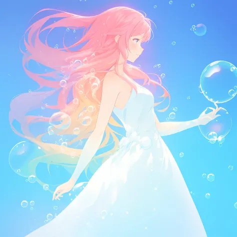 beautiful anime girl in flowing white ballgown, ((((bubbles)))), vibrant pastel colors, flowing long pink peach hair, beautiful white layered ballgown, (colorful), magical lights, sparkling lines of light, inspired by Glen Keane, inspired by Lois van Baarl...