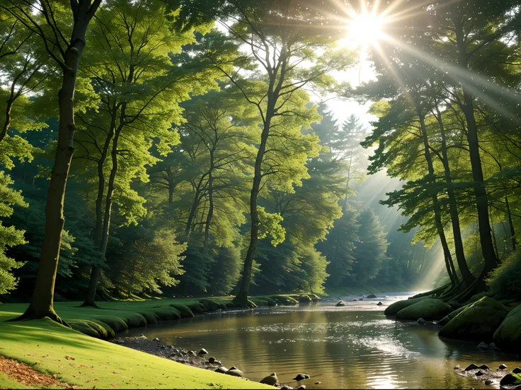 Middle of evergreen forests afternoon time scorching sunlight piercing through the dense canopy cinematic photorealistic ultra hd 8k quality narrow and shallow water stream flowing through tyndall effect hyper realistic masterpiece highly detailed calming ...