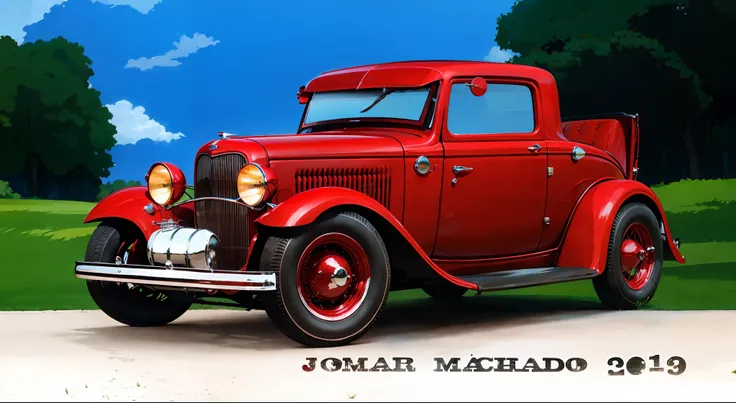 Beautiful red 1932 Ford car in front of a lawn surrounded by greenery and a blue sky in the background