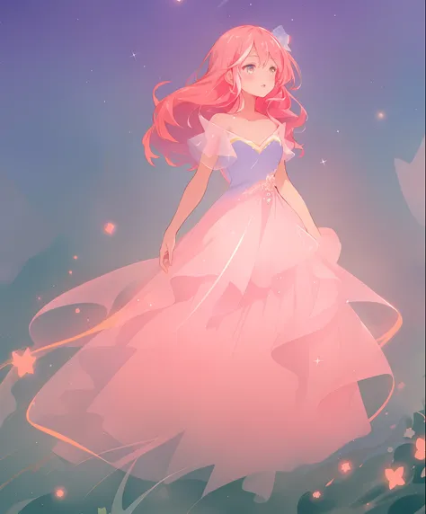 beautiful anime girl, ((puffy shimmering multi-layered ballgown)), vibrant pastel colors, (colorful), long flowing hair, magical lights, sparkling magical liquid, whimsical, magical, fantasy, ((masterpiece, best quality)), intricate details, highly detaile...