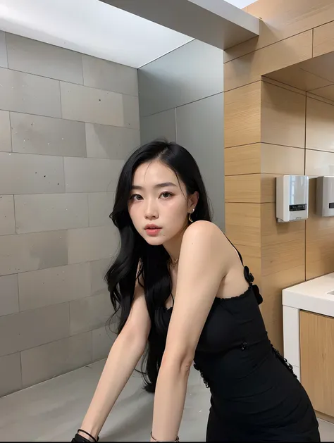 Theres a woman in a black dress leaning against a counter, gemma chen, Wenfei Ye, Xision Wu, Xintong Chen, gorgeous chinese model, 2 8 anos, Lulu Chen, com cabelos longos, 2 7 anos, com longos cabelos pretos, Gongbi, 2 9 anos, 18 anos, 21 anos, Wei Wang