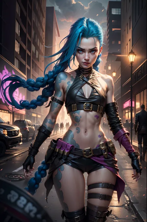 ((Best quality)), ((masterpiece)), (highly detailed:1.3), 3D, arcane style,In the dark and courageous dystopian city of Piltover, plagued by violence and divided into two opposing factions, a young prodigy named Jinx emerges. Having endured unimaginable lo...