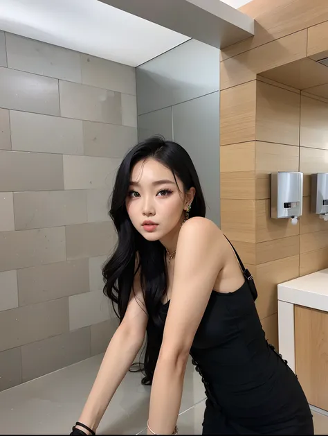 Theres a woman in a black dress leaning against a counter, Hwasa from Mamamoo, Hwasa kpop, Hwasa Mamamoo, Hwasa, gorgeous chinese model, 2 8 anos, Mamamoo Hwasa, com cabelos longos, 2 7 anos, com longos cabelos pretos, Hwasa, 2 9 anos, 18 anos, 21 anos, Hw...