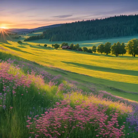 A Photograph of a serene meadow at dusk, where gentle breezes caress wildflowers and golden light bathes the untouched landscape in a warm embrace. --auto --s2