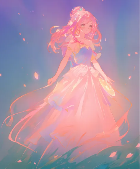 beautiful anime girl, ((puffy shimmering multi-layered ballgown)), vibrant pastel colors, (colorful), long flowing hair, magical lights, sparkling magical liquid, whimsical, magical, fantasy, ((masterpiece, best quality)), intricate details, highly detaile...