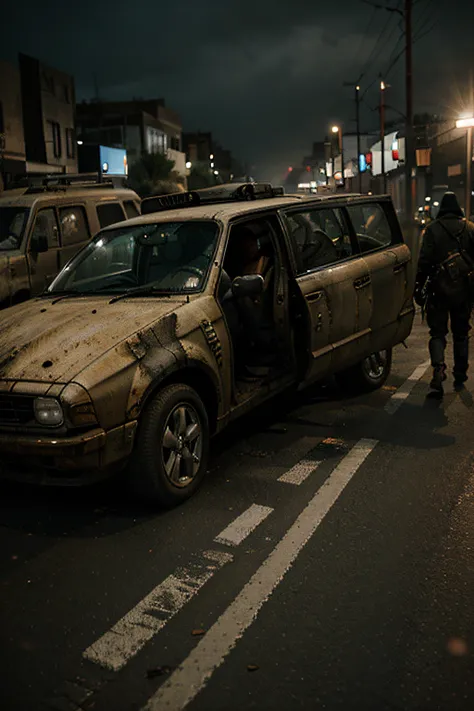 MAN WITH A FEARFUL FACE HOLDING A CAR TO ESCAPE FROM A CROWD, POST-APOCALYPTIC