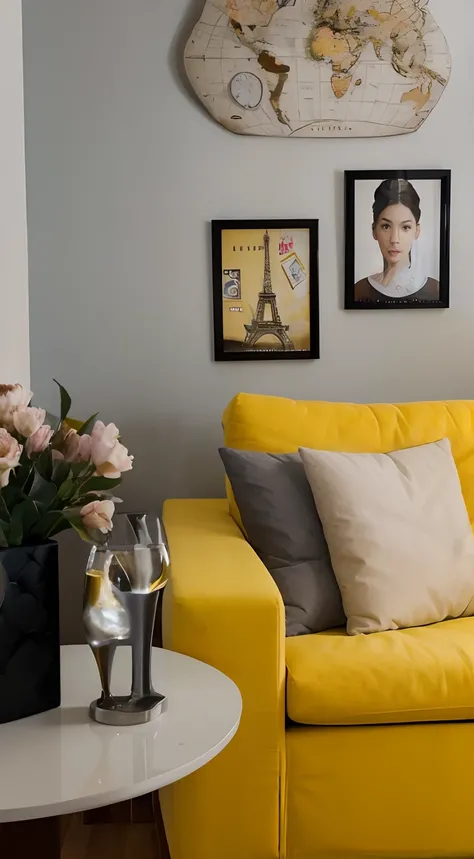 A room with light gray walls and yellow sofa. Com quadros do mapa mundi, de Paris e de uma atriz. Tem flores na mesa lateral. Estilo pixar