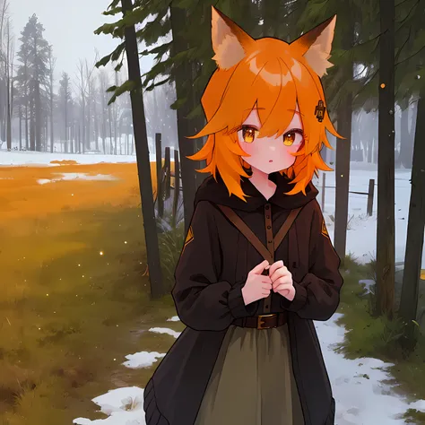 (Best Quality,4k,hight resolution,Masterpiece:1.2),Fox Girl,ear,On the Front Line,single girl,Bushes,the trees, Detailed girl, beatiful face, redhead hair, pretty eyes, very detailed eyes, Beautiful yellow eyes, Almost orange eye color, Very nice girl, In ...