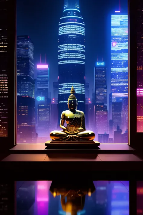 Buddha, Meditation in the middle of the metropolis, Cyberpunk city, Cyberpunk meditation