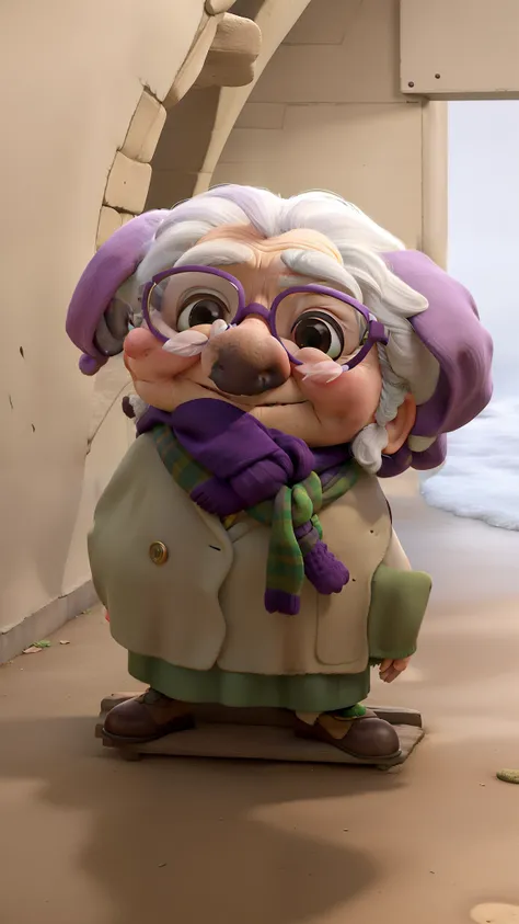 masterpiece, best quality, an old woman with glasses and a scarf on, wearing a purple coat and green scarf, standing at the park