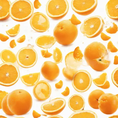 A storm of orange juice explodes, a white background.