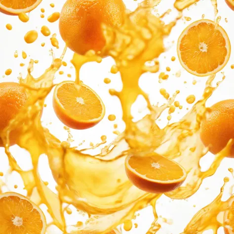 A storm of orange juice explodes, a white background.