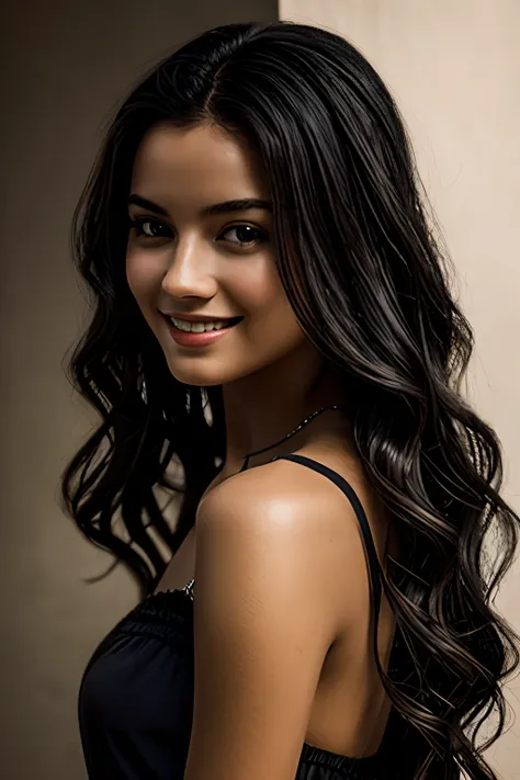 Best quality, masterpiece, very high resolution, (photorealistic: 1.5), raw photo, 1 girl, bare shoulders, in the dark, deep shadow, low key, warm light, sexy look, long wavy black hair, melancholic smile