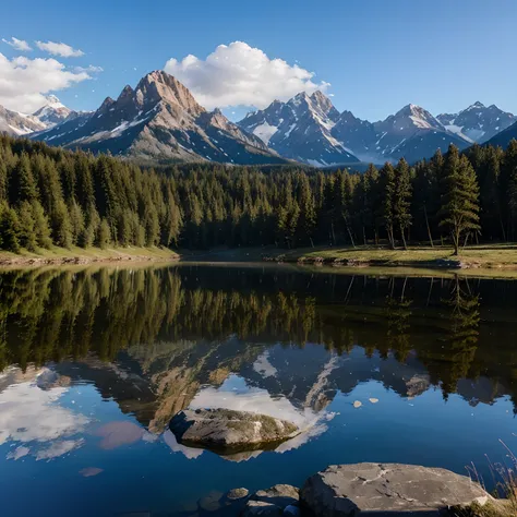 Mountains with sky with clouds in the background, A crystal-clear lake with trees