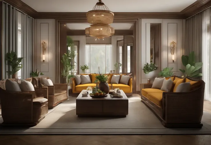 indochine_style(2), minimalist furniture, bamboo, curtain light, large window, art deco, sofa, chair, coffee table, Decorate fruits, As I step into the living room of this exquisite interior Indochine design, I am immediately transported to a different tim...