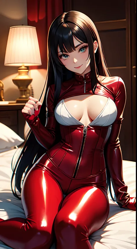 Woman in red catsuit posing on bed, Leather corset, Wearing a red latex costume, captivating and enticing, corsets, wrapped in leather straps, very tight corset, very sexy costume, cruel korean goth girl, elegant corset, Wearing a latex costume, intricate ...