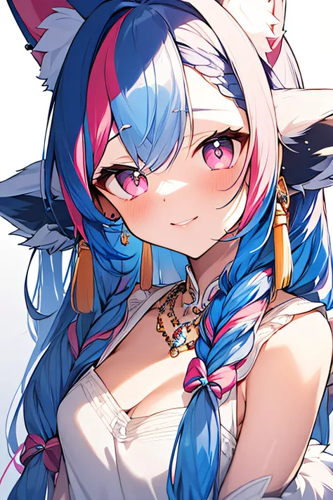 Masterpiece, Best Quality, High Resolution, (White Background: 1.4), [Glitter], [Looking at the Viewer, Portrait, 1 Sweet Chinese Girl], (Long Hair, Blue Hair, Wavy Curls, Multicolored Twisted Big Braid: 1.3, Furry Fox Ears, Air Bangs), White Off-the-Shoul...