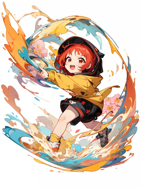 masterpiece, ultra-high quality, ( ultra detailed original illustration), ((chibi mode)),( little girl joyful facial expression, red eye, short hair, smile, open mouth,full body, perfect body), ((street wear,hoodie fashion)), ((flowers sakura)(graffiti)), ...