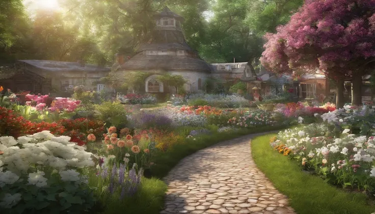 Together with the shining sun, it creates a realistic landscape of a beautiful flower garden. paradise