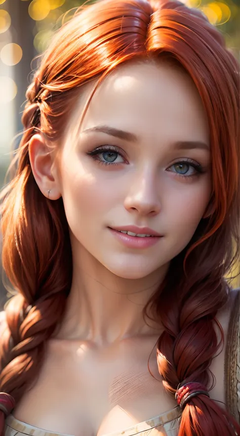 8k, masterpiece, (photorealistic:1.5), a extreme close up portrait of a young woman, full face, braid redhead, detailed eyes, open mouth smile, posing for a picture, luminous design, lovely colours, intricate detailed photograph, autumn light, glamour atmo...