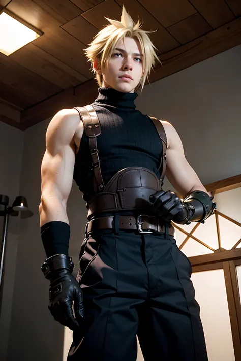 (best quality), (masterpiece), (realistic,) (photo-realistic), ultra-detailed,(looking down:1.2),
1boy,male focus, ,
cloud strife, shoulder armor, sleeveless turtleneck, suspenders, belt, baggy pants, gloves, 
(shaded face:1.1), (sad:1.2),
indoor,country,
...