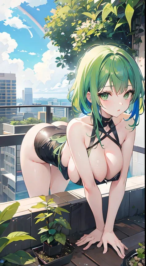 1girl, green hair, green eyes, big boobs, Daylight, rooftop, mini garden, rainbow, sparkling, clouds, bent over, plant, dove