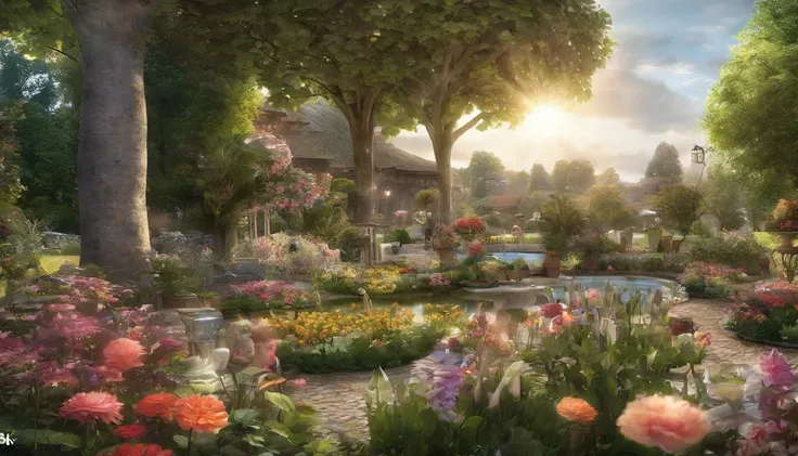 Together with the shining sun, it creates a realistic landscape of a beautiful flower garden. paradise