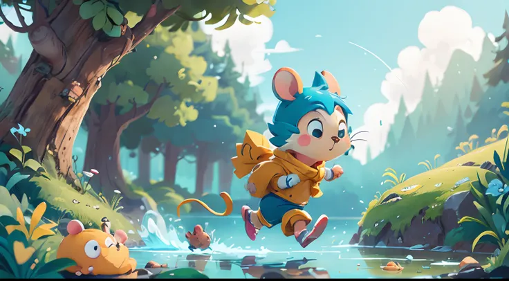 the pimpao mouse, with his blue and yellow scarf around his neck, on the edge of the LAKE, running very fast.