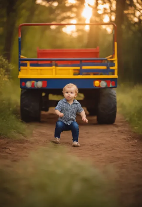 Wide angle teenage 2 years old boy in a nice background. Playing with a Colorful wooden truck vibrant, photorealistic, realistic, dramatic, dark, sharp focus, 8k.