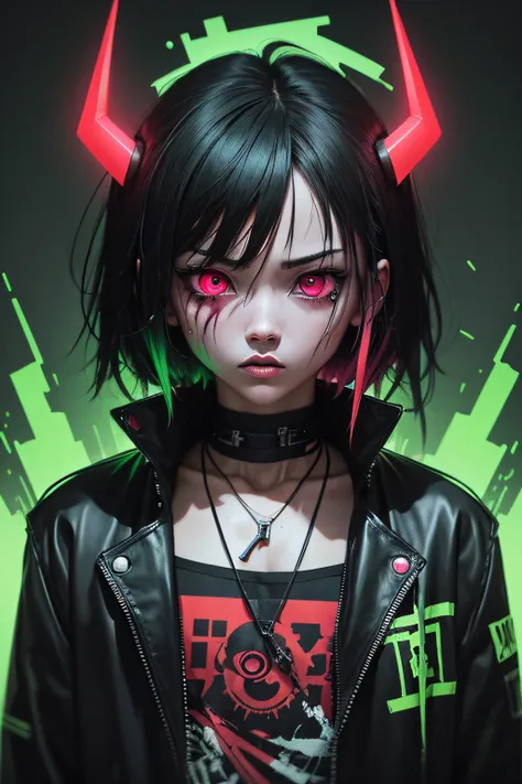 anime phonk horror album cover and one eye is neon green like a devil with neon red colors