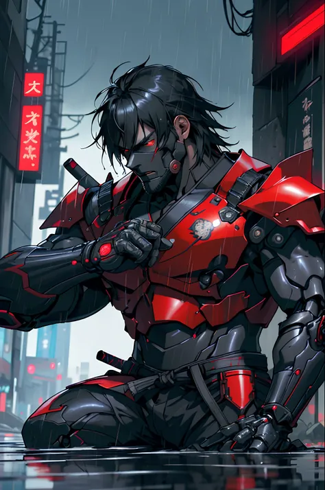 a man in armor holding two swords in the rain, very beautiful cyberpunk samurai, black and red reflected armor, black and red armor, black fire color reflected armor, neon samurai, cyberpunk samurai, cyborg samurai, cyberpunk knight, raiden from metal gear...