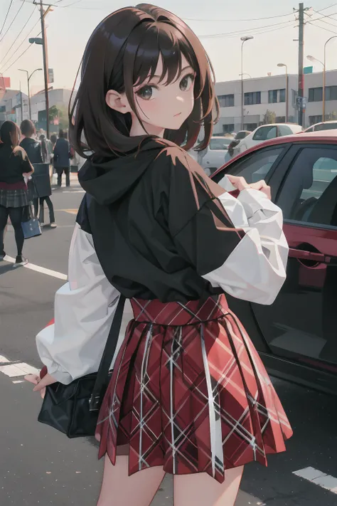 Looks Back，child，（​masterpiece，Highest Quality），Brown fleece hoodie，plaid skirts，A dark-haired