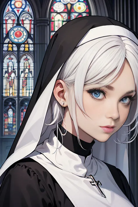 nun, cross, bible, white hair, church, realistic and detailed eyes