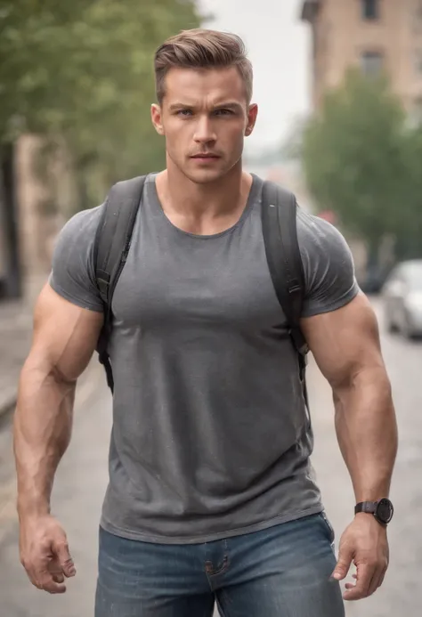 Strong muscular man, street rage, backpack, epic realism, photo, faded, complex stuff around, complex background, wet, neutral colors, ((((hdr)))), (((( muted colors)))), complex scene, artstation, intricate details, vignette